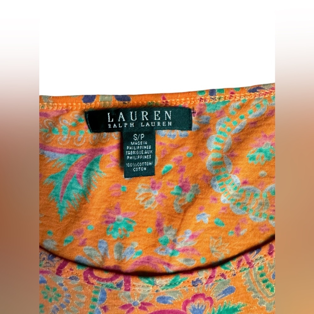 Lauren Ralph Lauren Orange Paisley Short Sleeve Blouse, S - Picture 6 of 7